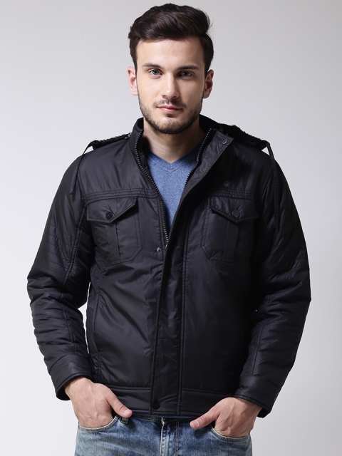 

Okane Men Black Solid Padded Jacket with Detachable Hood