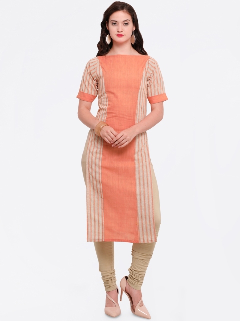 

Kvsfab Women Orange & Cream-Coloured Striped Straight Kurta