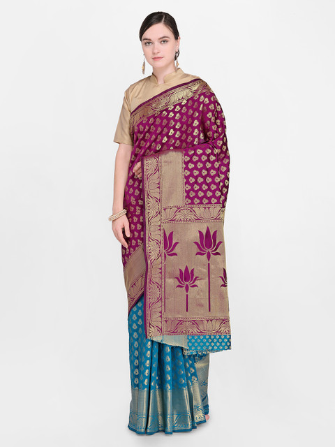 

Satrani Blue & Magenta Poly Silk Woven Design Kanjeevaram Saree