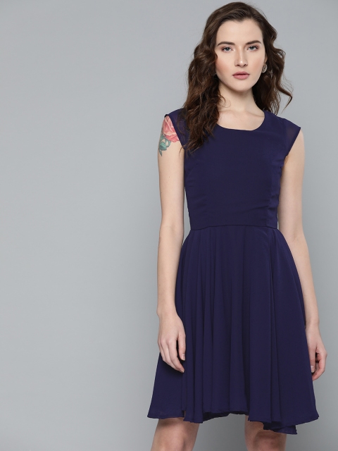 

Harpa Women Navy Blue Solid Fit and Flare Dress