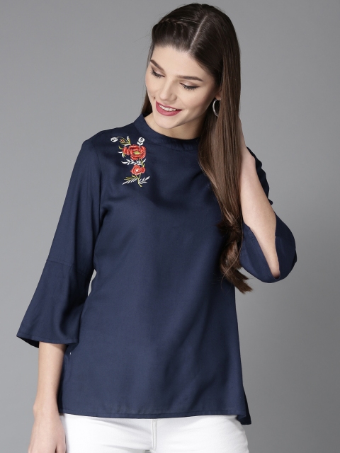 

HERE&NOW Women Navy Blue Solid Top with Embroidered Detail