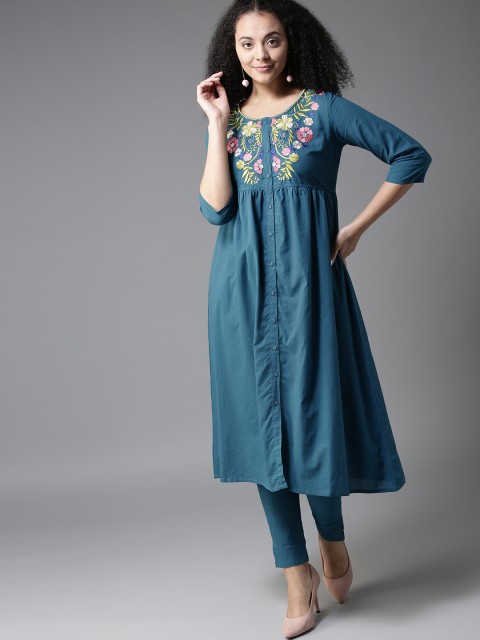 

HERE&NOW Women Teal Blue Yoke Design Kurta with Trousers