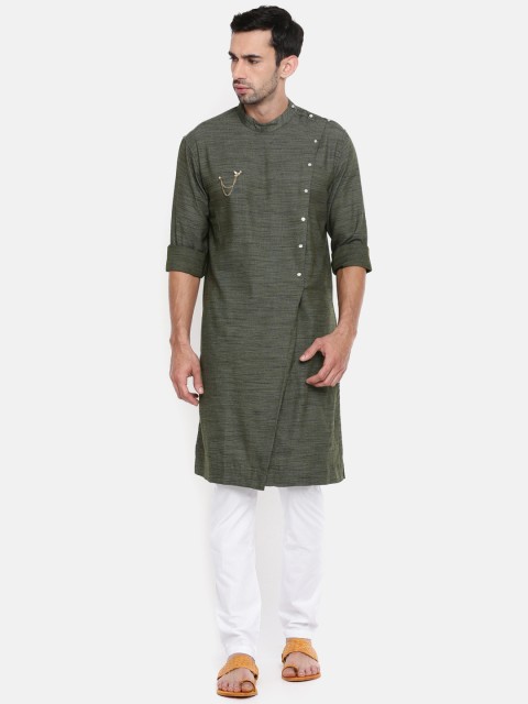 

Freehand Men Olive Green & White Solid Kurta with Pyjamas