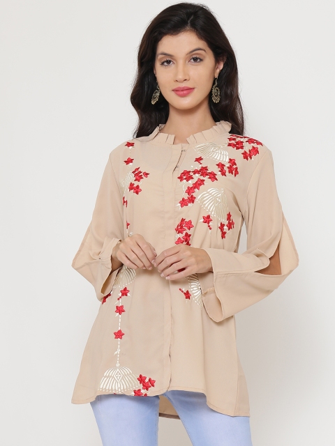 

Be Indi Women Peach-Coloured Self Design Shirt Style Longline Top