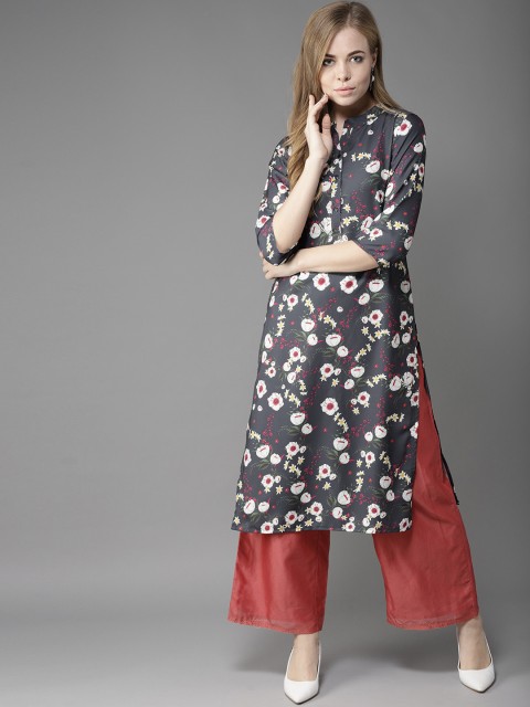 

HERE&NOW Women Charcoal Grey & White Floral Print Straight Kurta