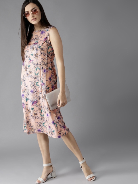 

HERE&NOW Women Dusty Pink & Blue Printed Fit and Flare Dress