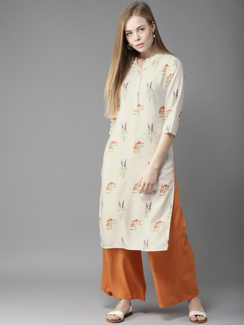 

HERE&NOW Women Off-White & Orange Floral Print Straight Kurta