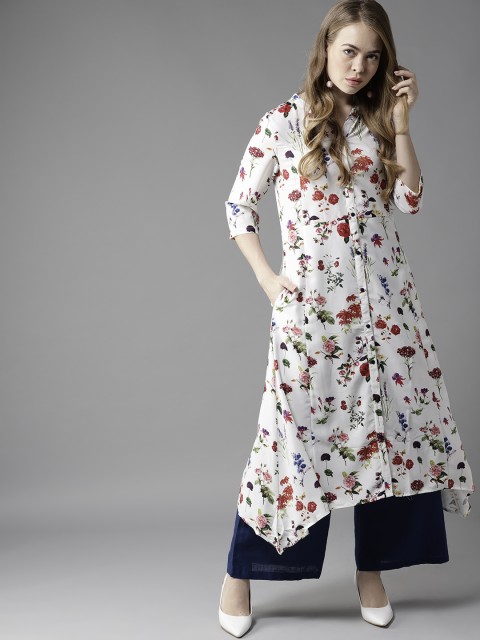 

HERE&NOW Women White & Red Floral Print A-Line Kurta