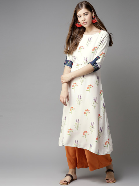 

HERE&NOW Women White & Orange Floral Print A-Line Kurta