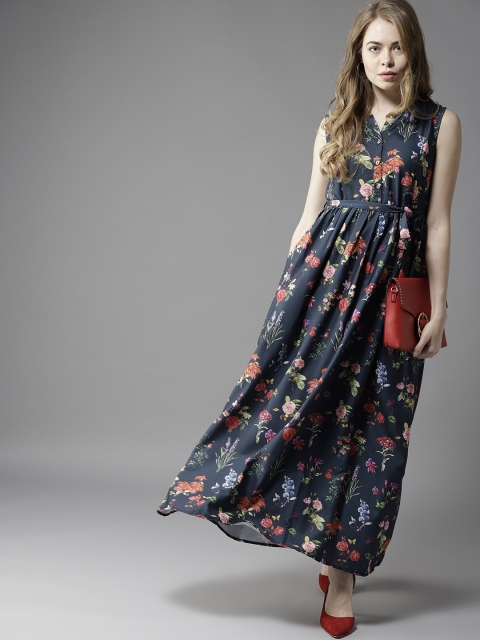 

HERE&NOW Women Navy Blue & Red Printed Maxi Dress