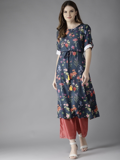 

HERE&NOW Women Navy Blue & Red Floral Print A-Line Kurta
