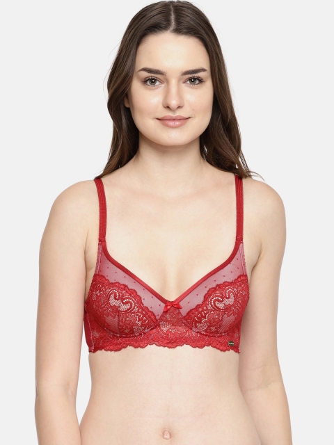 

Enamor Red Lace Padded Non-Wired Medium Coverage Classic Plunge Lace T-Shirt Bra F089