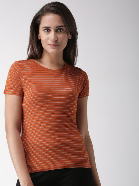 

FOREVER 21 Women Rust Brown Striped Round Neck T-shirt