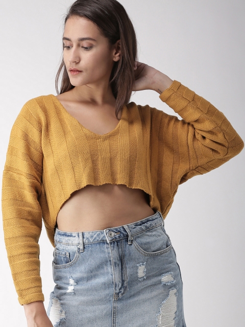 

FOREVER 21 Women Mustard Yellow Solid Crop Pullover Sweater