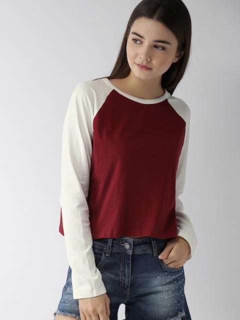 

FOREVER 21 Women Burgundy & Off-White Solid Round Neck T-shirt