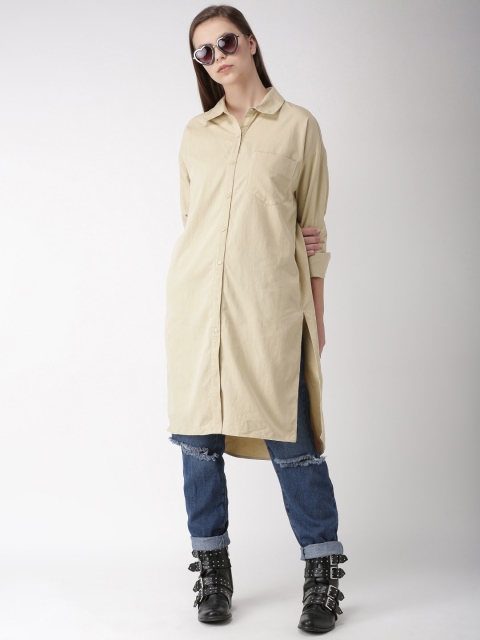 

FOREVER 21 Women Beige Regular Fit Solid Longline Casual Shirt