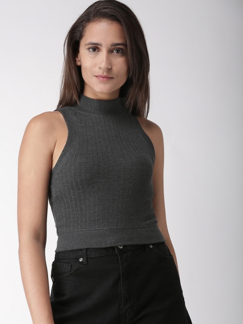 

FOREVER 21 Women Charcoal Grey Striped Top