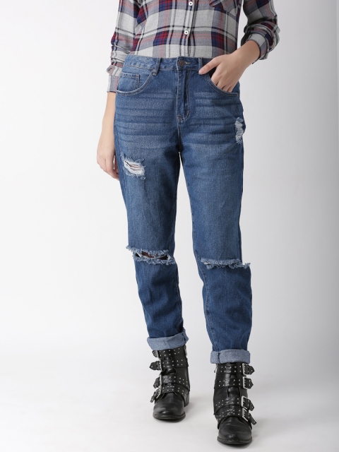 

FOREVER 21 Women Blue Boyfriend Fit Mid-Rise Highly Distressed Jeans