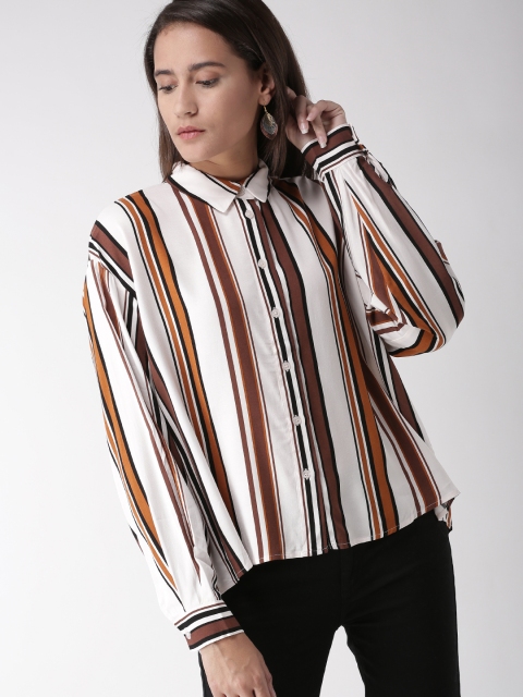 

FOREVER 21 Women Off-White & Brown Regular Fit Striped Casual Shirt