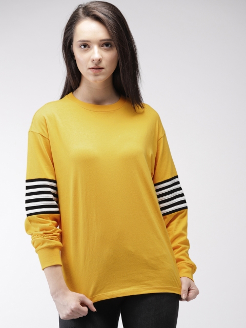 

FOREVER 21 Women Yellow Solid Round Neck Loose Fit Pure Cotton T-shirt