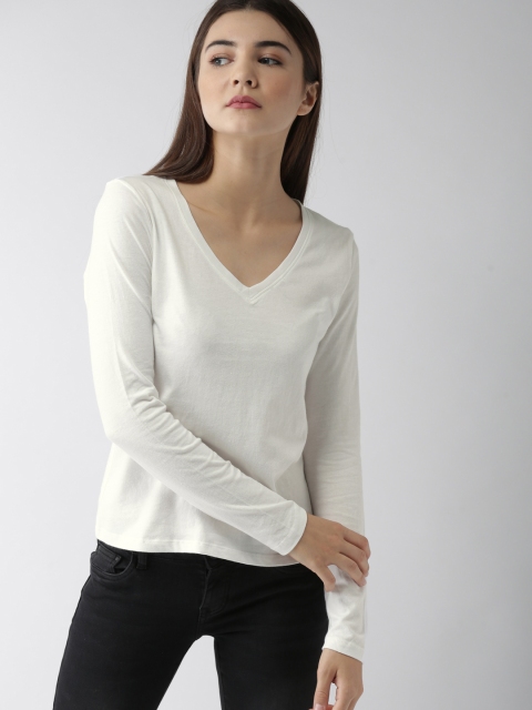 

FOREVER 21 Women White Solid V-Neck T-shirt