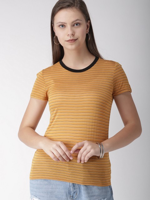 

FOREVER 21 Women Mustard Coloured Striped Round Neck T-shirt