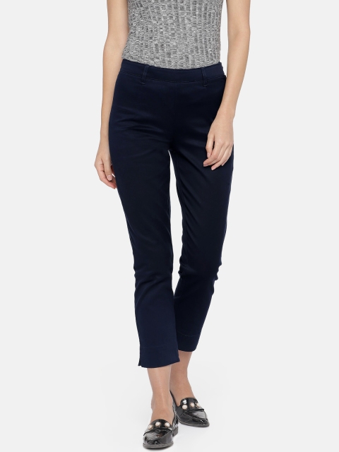 

Cottonworld Women Navy Blue Regular Fit Solid Cigarette Trousers