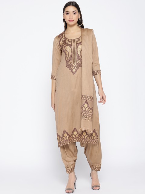 

HK colours of fashion Camel Brown Woollen Woven Liva Unstitched Dress Material