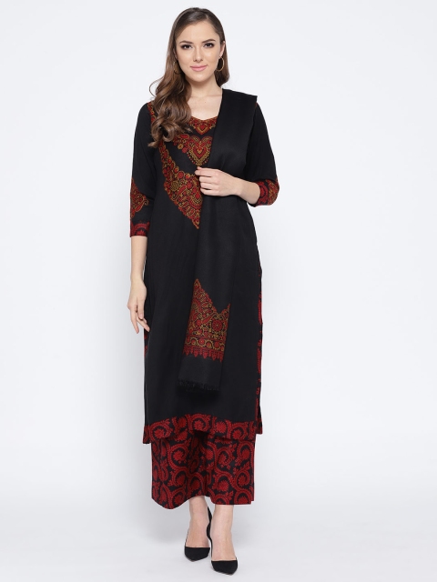

HK colours of fashion Black & Red Woollen Woven Liva Unstitched Dress Material