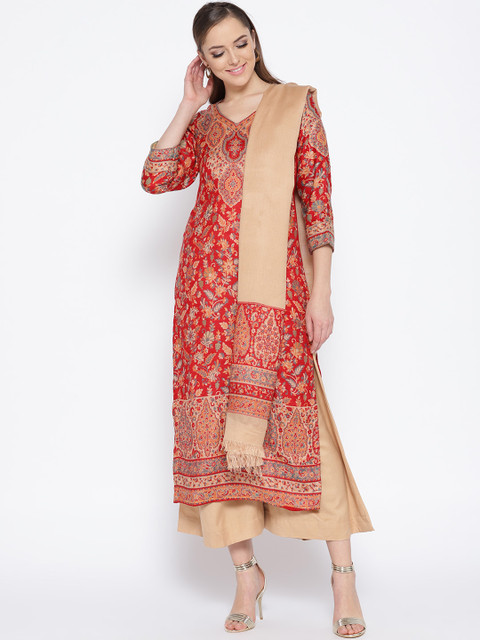 

HK colours of fashion Red & Beige Woollen Woven Liva Unstitched Dress Material
