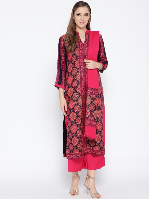 

HK colours of fashion Navy Blue & Magenta Woollen Woven Liva Unstitched Dress Material