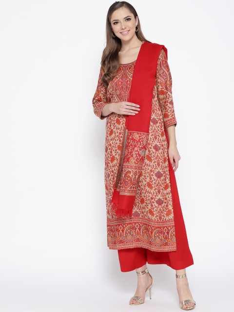 

HK colours of fashion Red & Beige Woollen Woven Liva Unstitched Dress Material