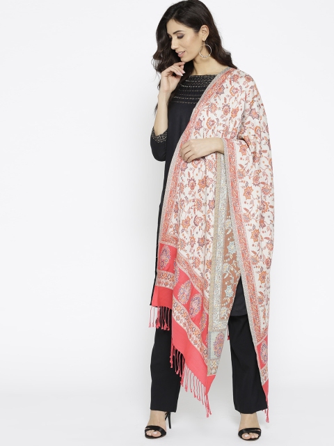 

HK colours of fashion Women Cream-Coloured & Coral Pink Woven Design Stole