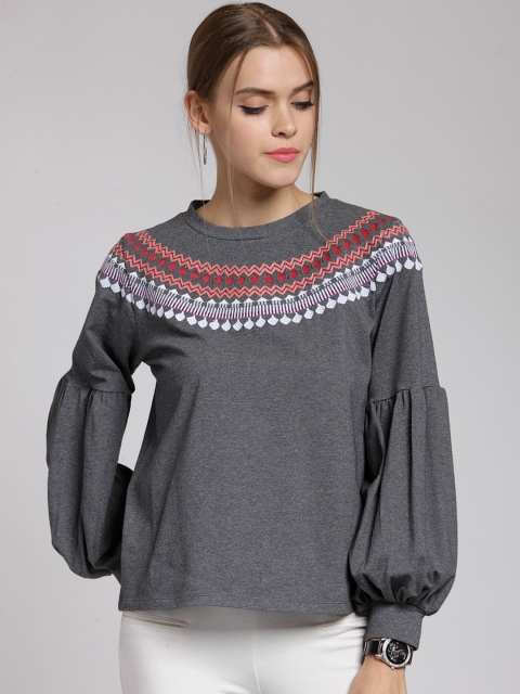 

plusS Women Grey Embroidered Sweatshirt
