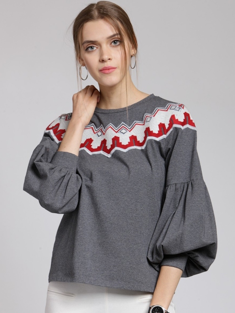 

plusS Women Grey & Off-White Embroidered Sweatshirt