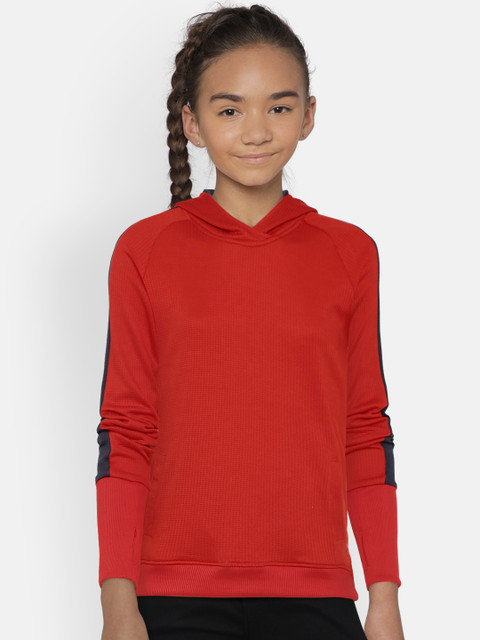 

HRX by Hrithik Roshan Girls Red Self Design Hooded Sweatshirt