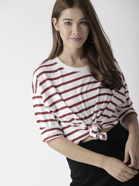 

FOREVER 21 Women White & Rust Red Striped Round Neck T-shirt