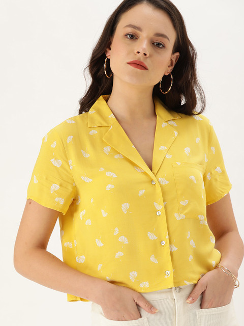 

FOREVER 21 Women Mustard Yellow & White Regular Fit Printed Casual Crop Shirt