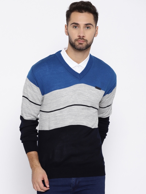 

Duke Stardust Men Blue & Grey Melange Colourblocked Pullover