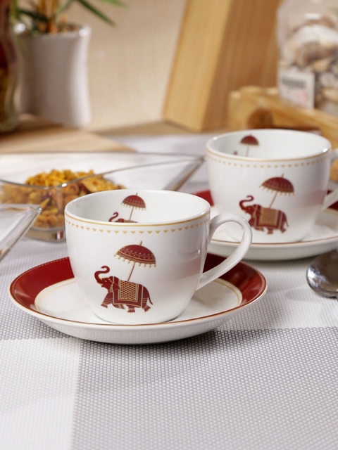 

CLAY CRAFT White & Brown 12-Pieces Printed Bone China Cups and Saucers Set