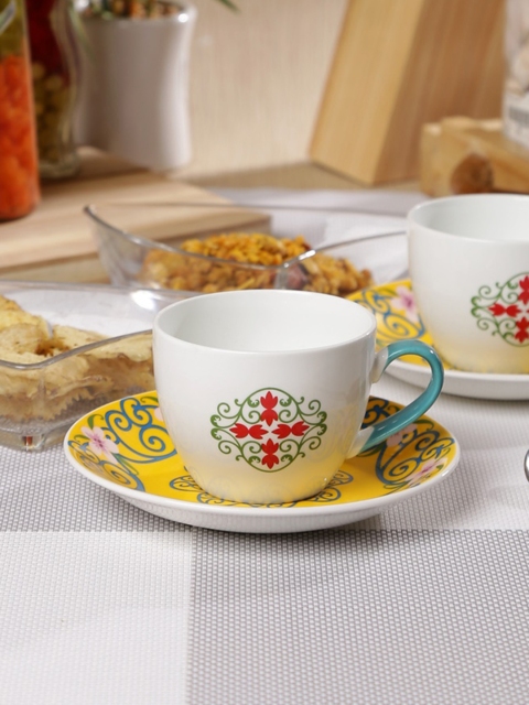 

CLAY CRAFT White & Yellow 12-Pieces Printed Bone China Cups and Saucers Set