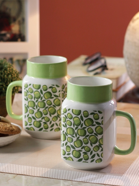

CLAY CRAFT Green & White 2-Pieces Printed Bone China Cups Set