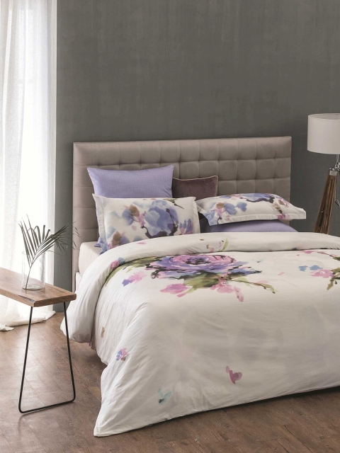 

DDecor White & Blue Floral Flat 300 TC Cotton King Bedsheet with 2 Pillow Covers