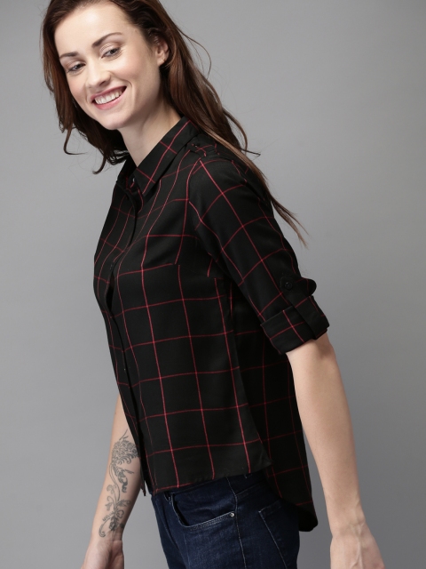 

HERE&NOW Women Black & Red Checked High-Low Hem Casual Shirt