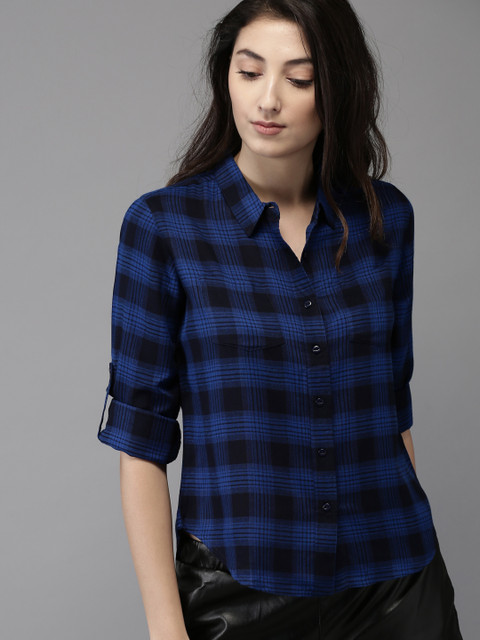 

HERE&NOW Women Blue & Black Regular Fit Checked Casual High-Low Shirt