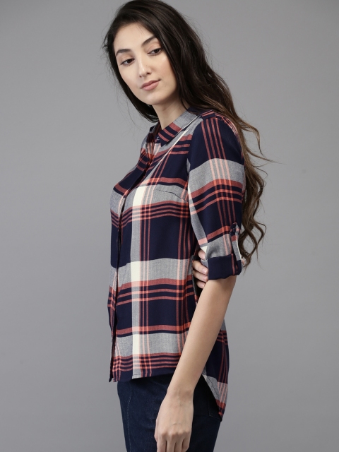 

HERE&NOW Women Navy & Grey Regular Fit Checked Casual High-Low Shirt, Navy blue
