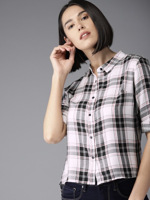 

HERE&NOW Women Off-White & Black Checked High-Low Hem Casual Shirt