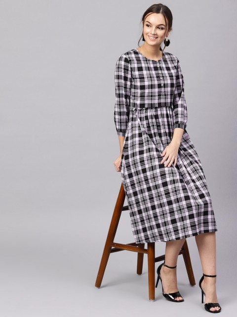 

SASSAFRAS Women Lavender & Black Checked A-Line Dress