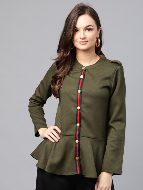 

SASSAFRAS Women Olive Green Solid Peplum Top