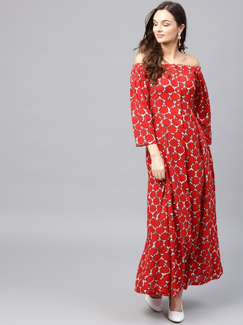 

SASSAFRAS Women Red Printed Off-Shoulder Maxi Dress
